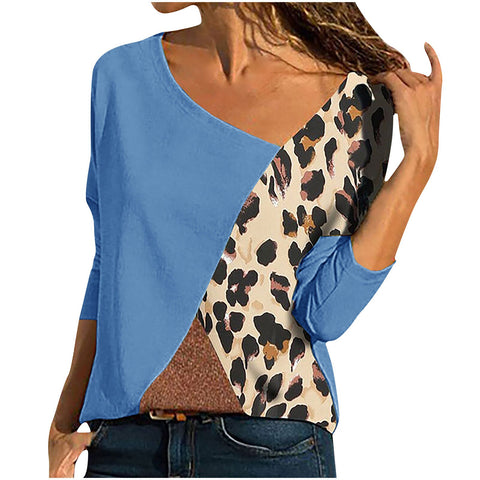 Women Casual Asymmetrical V-Neck Pullover Leopard Print Patchwork Spring Autumn Ladies Tees Long Sleeve Slim Fit Female T Shirt