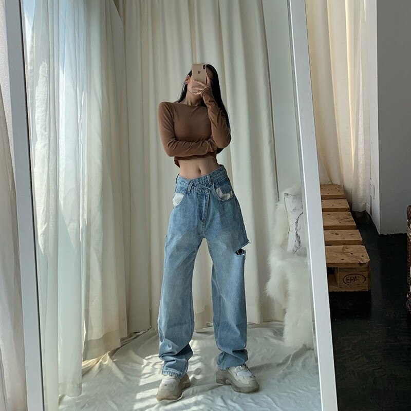 Sonicelife Woman Jeans Ripped High Waist Clothes Wide Leg Denim Clothing Streetwear Vintage Quality 2020 Fashion Harajuku Straight Pants