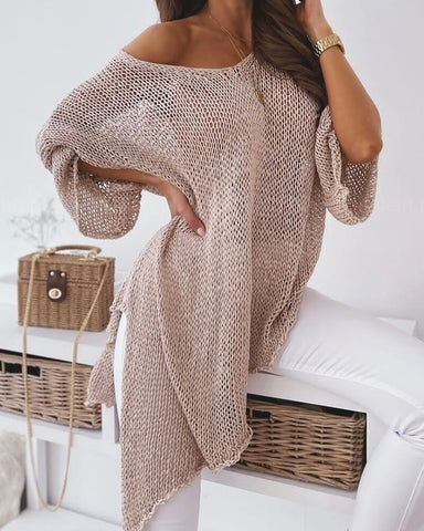 2023 Spring Autumn Solid Color Drop Shoulder Open Knit Long Sleeve Casual Loose Sweater Ladies Blouse Loungewear Tops Long Tunic