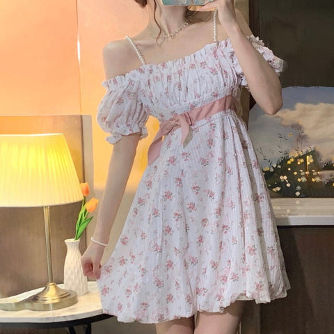 Sonicelife hoco dresses   Floral Strap Fairy Dress Women French Sweet Princess Holiday Party Dress Female  Summer Casual Beach Sexy Mini Dress Korean