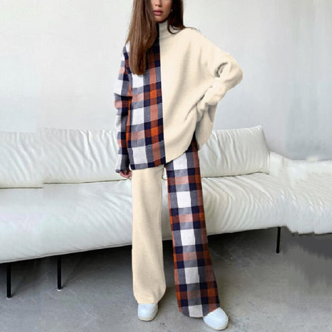 Sonicelife  Fashion High Street Knitted Tracksuit Outfits Elegant Retro Plaid Long Sleeve Turtleneck Tops + Wide Leg Pants Women 2 Piece Set