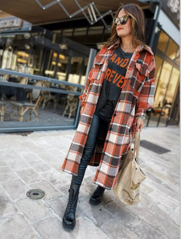 Sonicelife Women's Fashion Long Plaid Coat Autumn Shirt Coat Woolen Coat Streetwear Women Clothing Loose Coat Female Casual Jacket