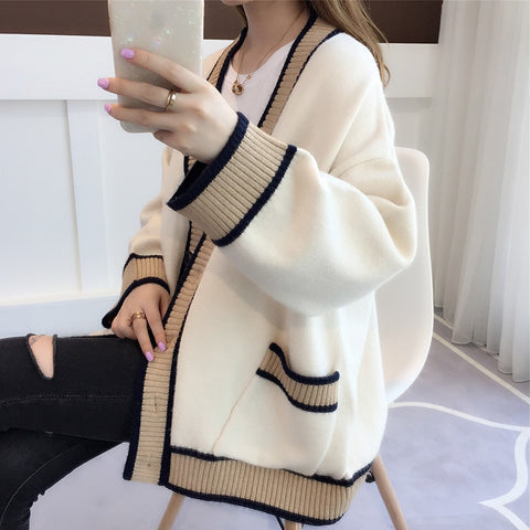 Women's Cardigan Knitted Korean Fashion Stripe Wool Sweater for Women Winter Long Sleeve V-neck Casual Knitwear Coats Female