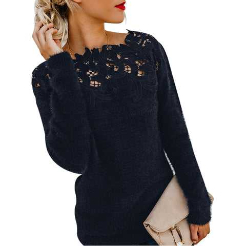 Sonicelife  Women Solid Lacework Pullover Blue Sweater O Neck Long Sleeves Lace Hollow Patchwork Casual Knitted Sweaters 10 Colors