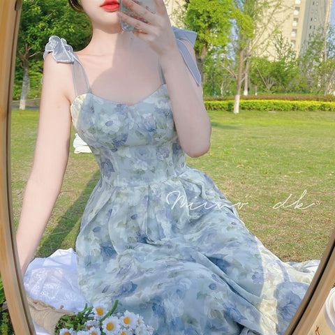Sonicelife  Elegant Long Flower Strap Dress Women Vintage Sweet Print Korean Slip Fairy Dress Casual Calssy Party Princess Dress Spring
