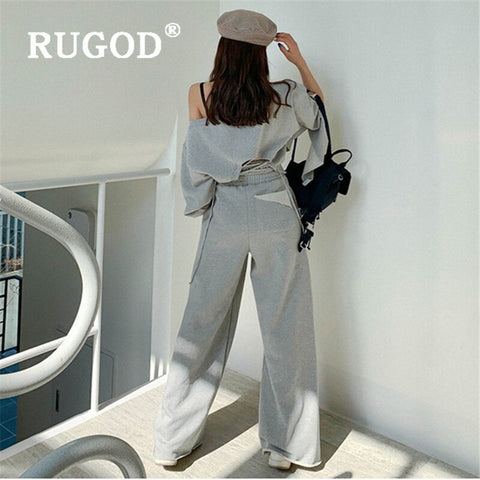 WOMEN TWO-PIECE SUIT CASUAL FASHION STRAPLESS LACING TOP+WIDE LEG PANTS WITH ELASTIC WAIST SOLID COLOR KOREAN SUIT SET FOR LADY