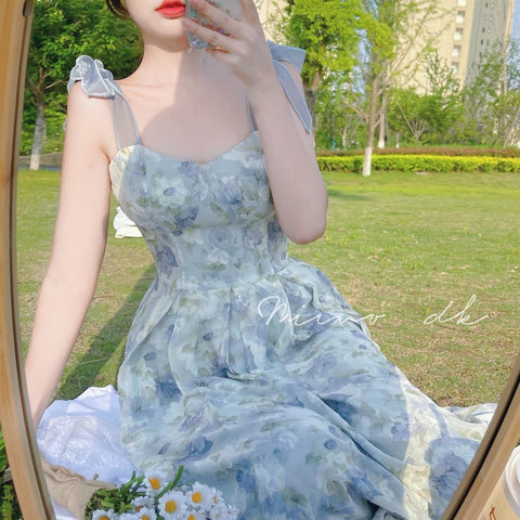 Sonicelife  Elegant Long Flower Strap Dress Women Vintage Sweet Print Korean Slip Fairy Dress Casual Calssy Party Princess Dress Spring