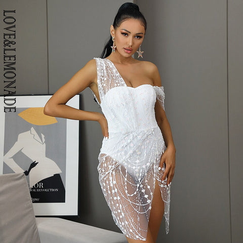 LOVE&LEMONADE  Rose White Straless Sling Cross Style Glitter Glued Material Party Dress LM80366-1