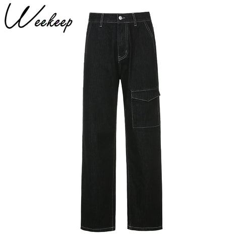Sonicelife Weekeep Pockets Patchwork Baggy Jeans Fashion Streetwear 100% Cotton Women Denim Trouser Loose Cargo Pants Korean Jeans Harajuku