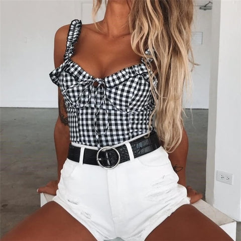 Sonicelife  New Women  Ruffiled Tank Tops  Bow Off Shoulder Vest Female Holiday Sleeveless Straps Crop Tank Tops Party Club Streetwear