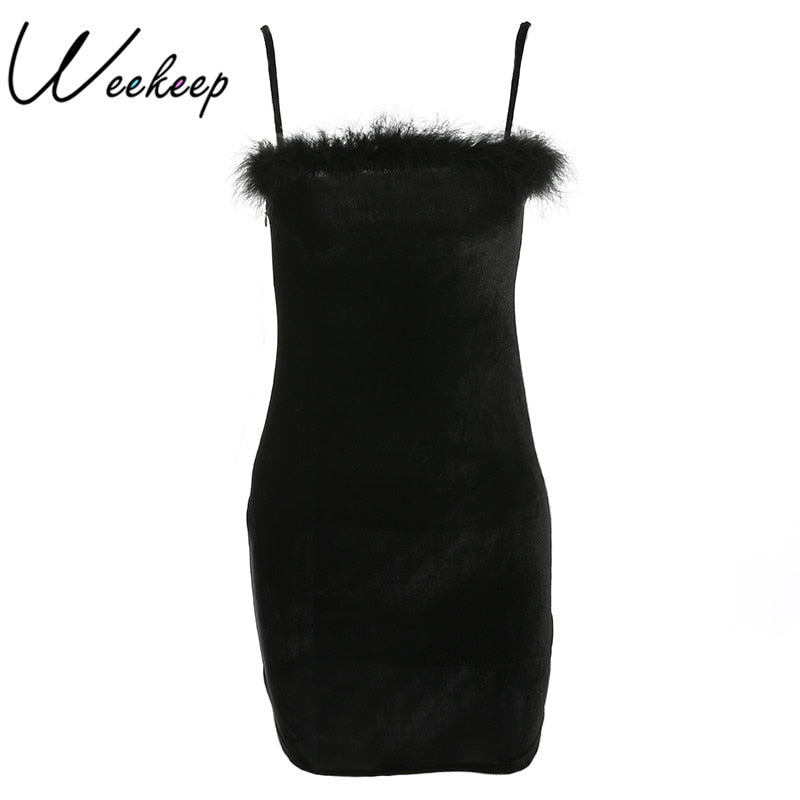 Weekeep  Velvet Spaghetti Strap Dress Women Sheath Bodycon Faux Fur Black Mini Dress Party Vestido Elegant Dresses