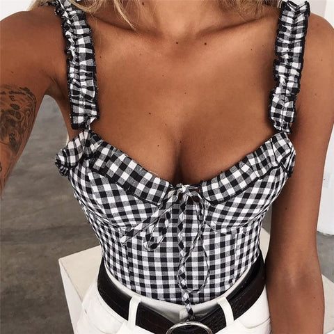 Sonicelife  New Women  Ruffiled Tank Tops  Bow Off Shoulder Vest Female Holiday Sleeveless Straps Crop Tank Tops Party Club Streetwear