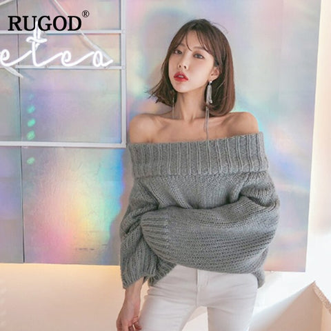 RUGOD 2023 New Fashion Winter one neck  elastic knitting pullover female Bat long sleeve knitted sweater women sweters women