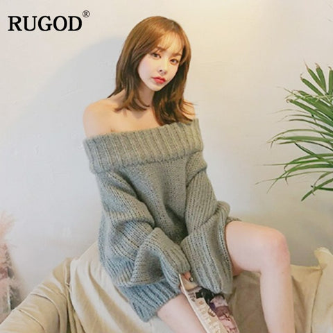 RUGOD 2023 New Fashion Winter one neck  elastic knitting pullover female Bat long sleeve knitted sweater women sweters women