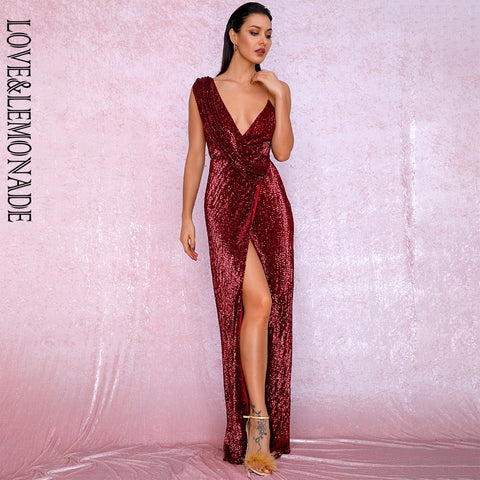 Sonicelife LOVE&LEMONADE  Deep Red Deep V-Neck Whit Split Sequins Party Maxi Dress LM81849