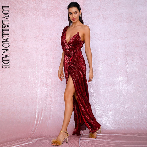 Sonicelife LOVE&LEMONADE  Deep Red Deep V-Neck Whit Split Sequins Party Maxi Dress LM81849