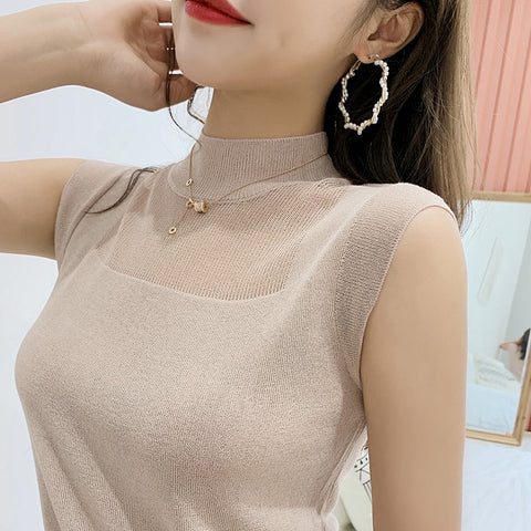 Sonicelife Hollow Out Tank Tops Women Summer Lce Silk  Knitted Vest Top Sleeveless Casual Korean Tops Elasticity Solid Slim Pullover