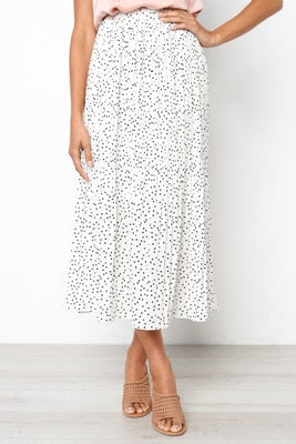 Sonicelife White Dots Floral Print Pleated Midi Skirt Women Elastic High Waist Side Pockets Skirts Summer 2023 Elegant Female Bottom