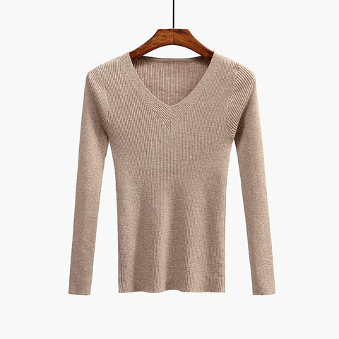 Sonicelife Christmas Gift V-Neck Women Sweater Slim  Pullover 2024 New Autumn Winter Tops Women Knitted Pullovers Long Sleeve Shirt Female Brand