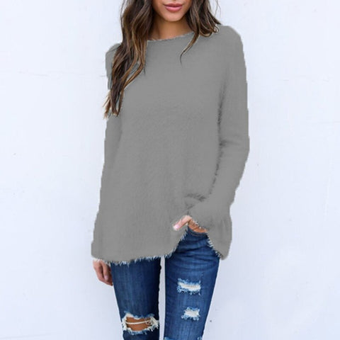 Sonicelife  Women Knitted Tops Sweaters White Round Neck Long Sleeves Solid Pullover Tunic Loose Wool Knitwear Sweaters Tee Shirts