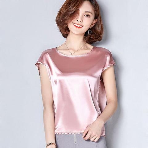 2023 New Silk Blouse Women Tops Fashion Elegant O-neck Short sleeve Solid Shirt Women Blouses Summer Casual Blusas Femininas