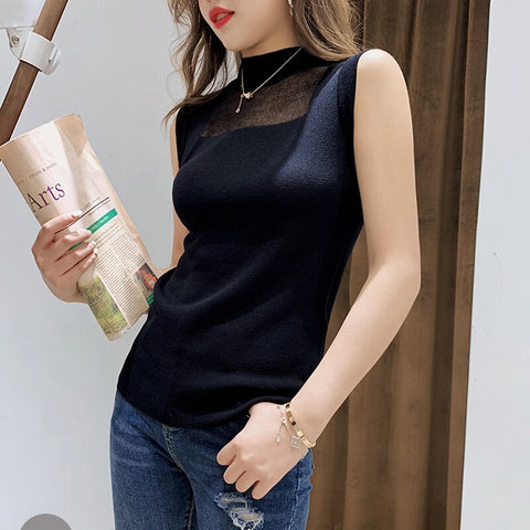 Sonicelife Hollow Out Tank Tops Women Summer Lce Silk  Knitted Vest Top Sleeveless Casual Korean Tops Elasticity Solid Slim Pullover