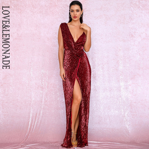 Sonicelife LOVE&LEMONADE  Deep Red Deep V-Neck Whit Split Sequins Party Maxi Dress LM81849