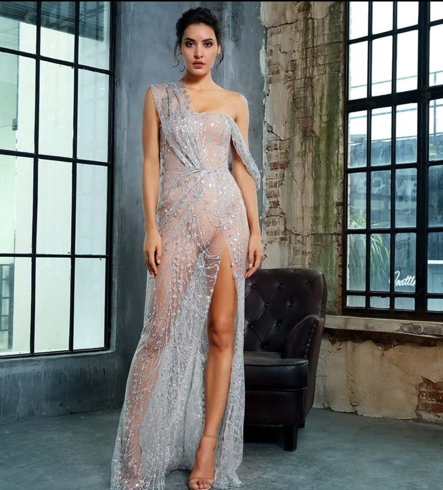 Sonicelife Silver Cross Cut Out Straps Glitter Glued Material Long Dress LM80366