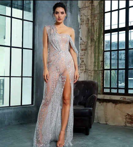 Sonicelife Silver Cross Cut Out Straps Glitter Glued Material Long Dress LM80366
