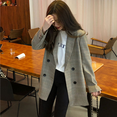 Office Ladies Notched Collar Plaid Women Blazer Double Breasted Autumn Jacket 2023 Casual Pockets Female Suits Coat