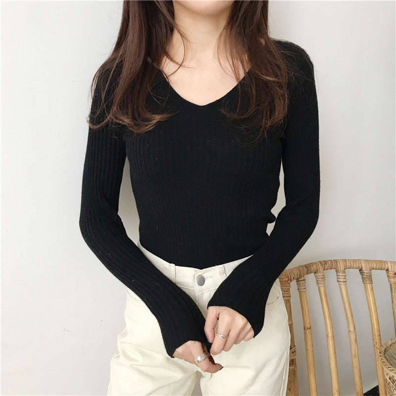 Christmas Gift Korean Autumn V Neck Sweater Knitted Fashion Sweaters 2023 Slim Winter Tops For Women Pullover Jumper Pull Femme Truien Dames
