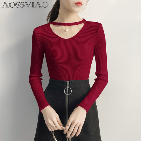 Christmas Gift AOSSVIAO V Neck Sweaters Women 2023 Autumn Winter Long Sleeve  Slim Tops Solid Streetwear Knitted Korean Pullover Burgundy