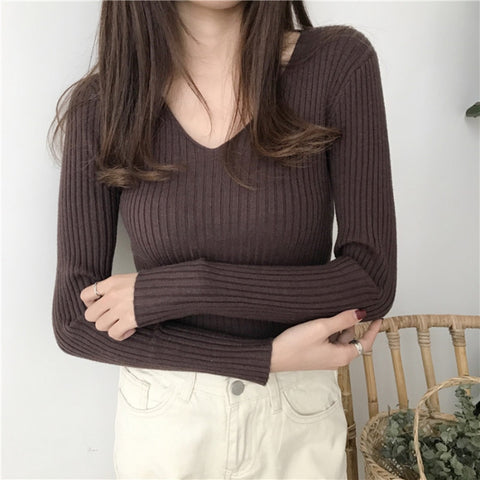 Christmas Gift Korean Autumn V Neck Sweater Knitted Fashion Sweaters 2023 Slim Winter Tops For Women Pullover Jumper Pull Femme Truien Dames