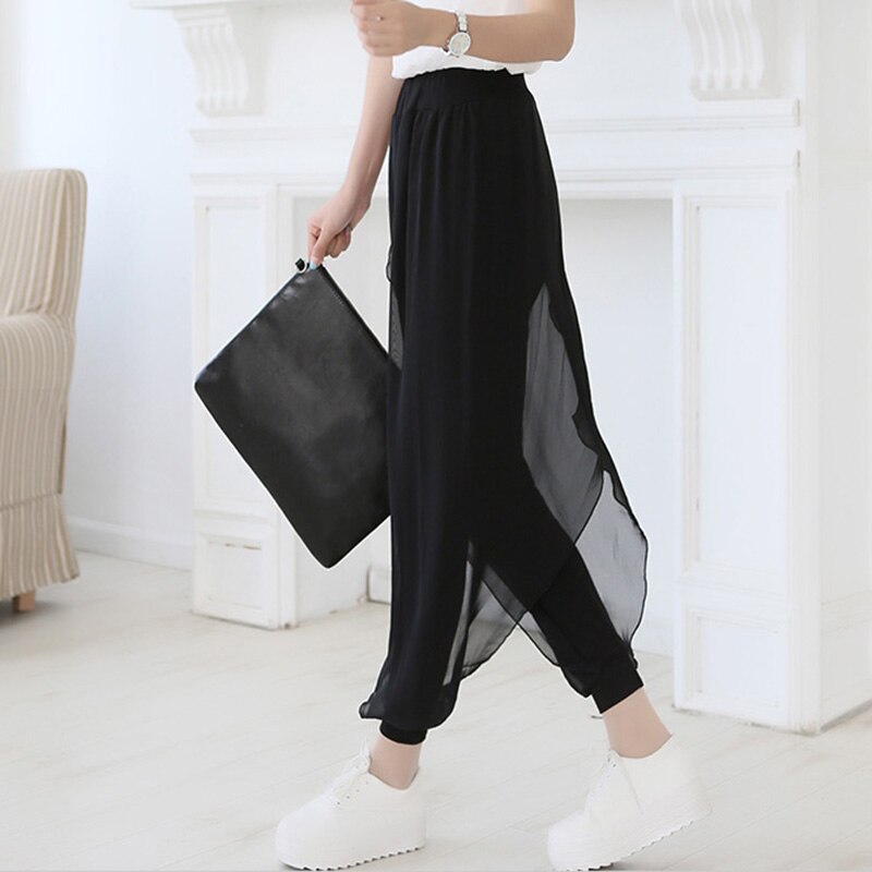 Sonicelife summer 2024 fashion ladies casual loose chiffon harem pants women pants black pantalon femme plus size hot sale sarouel femme