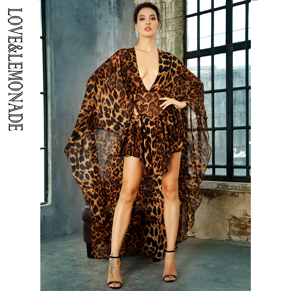 Sonicelife LOVE&LEMONADE  Deep V-Neck Open Back Cloak Style Leopard Chiffon Playsuit LM81381