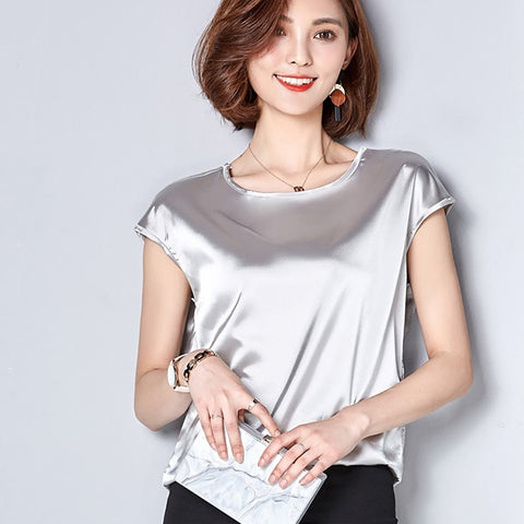 2023 New Silk Blouse Women Tops Fashion Elegant O-neck Short sleeve Solid Shirt Women Blouses Summer Casual Blusas Femininas