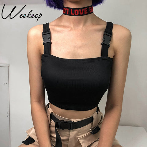Sonicelife Weekeep Women Black Adjustable Buckle Tank Top Summer Crop Top Casual Streetwear Tank 2024  Backless Sleeveless Fashion Vest