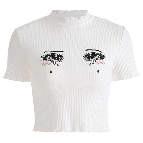 Sonicelife Weekeep Women White Short Sleeve t shirt Cropped Embroidery O-neck Knitted t-shirt 2024 Summer  Bodycon Crop Top