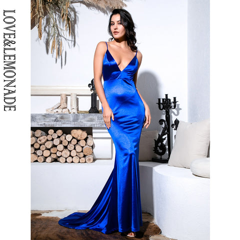 LOVE&LEMONADE  Blue Deep V-Neck Open Back Slim Flash Material Long Dress LM81222