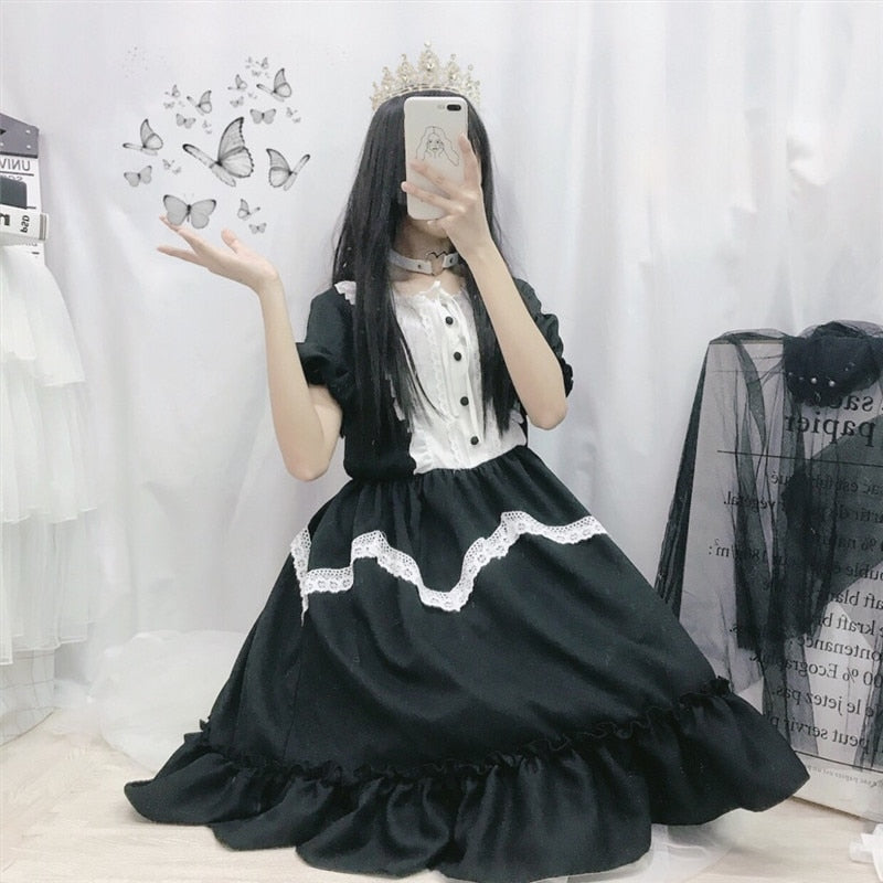 Sonicelife Summer Japanese Lolita Vintage dress lolita dress female soft girl wind cute fungus lace dress short sleeve dress cute