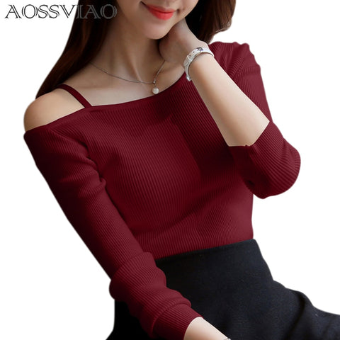 Sonicelife Christmas Gift AOSSVIAO 2024 Off Shoulder  Women Long Sleeve Knitted Sweater Solid Skinny Slim Sweater Women Spring And Winter Pullovers