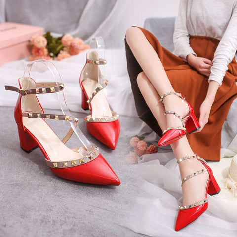 2023 Women's Shoes Summer Fashion Female Sandals Rivet Metal Decoration Pu Leather Style Women High Heels Zapatos De Mujer