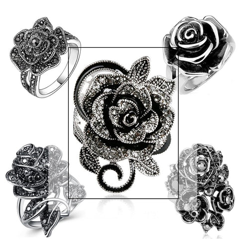 Black Rose Ring with CZ Micro Pave Christmas New Year Party Jewelry Vintage Flower Rings for Women Wholesale Lots Bulk
