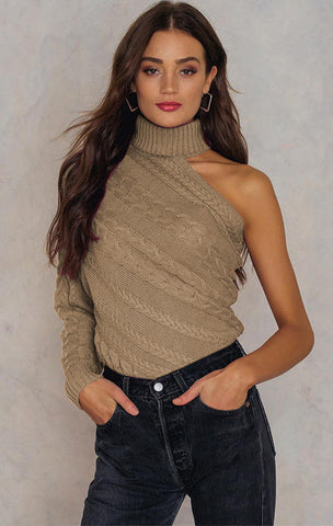 Christmas Gift  New Solid Women Pullovers Off Shoulder Knitted Thick Sweater Women Different Sleeve Casual Women Tops Special Tops