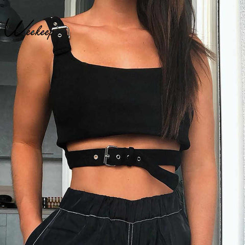 Weekeep  Black Hollow Out Buckle Cropped Tanks Women Punk Streetwear Backless Vest 2023 Summer Fashion Hip Pop Basic Outfits