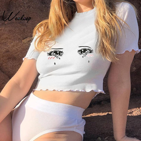 Sonicelife Weekeep Women White Short Sleeve t shirt Cropped Embroidery O-neck Knitted t-shirt 2024 Summer  Bodycon Crop Top