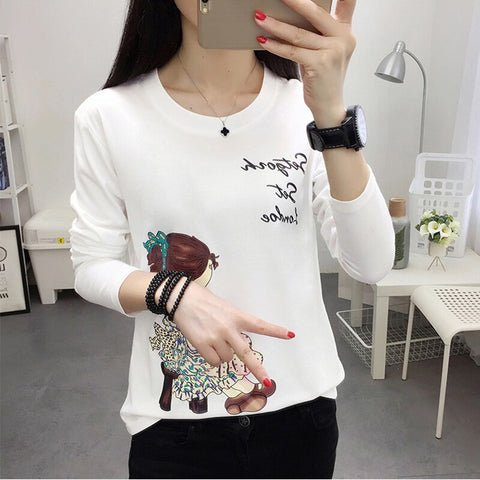 Christmas Gift Vintage Character Printed Casual Loose Basic Fashion Street Fresh Long Sleeve Female O-neck Top Casual Style Tee M-5XL Plus Size