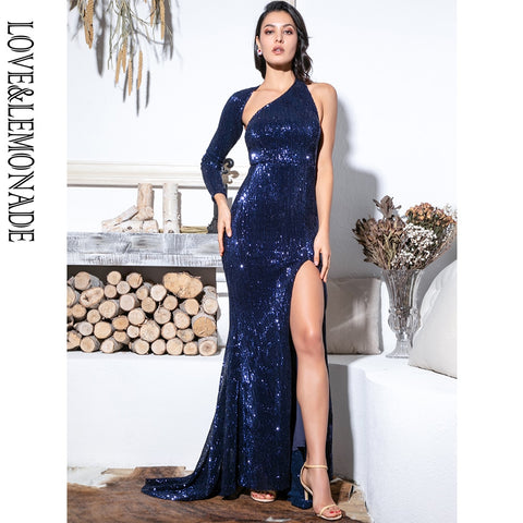 LOVE&LEMONADE   Open Back Single Sleeve Slim Fit Elastic Sequined Fabric Bodycon Going Out Long Dress LM81333-2 NAVY