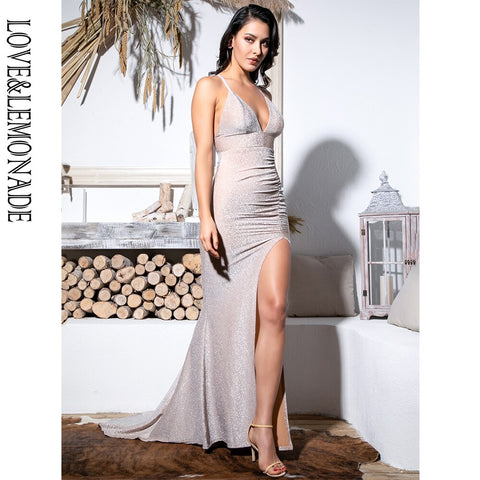 LOVE&LEMONADE  Nude Deep V-Neck Cut Out Bodycon Shiny Elastic Fabric Maxi Dress LM81709-1