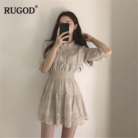 RUGOD Elegant Sweet Lace Dress Women Fashion Party Night Collect Waist Dresses Korean Style O-neck Half-sleeve Kawaii Mini Dress